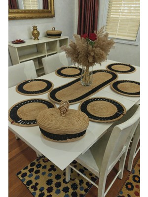 Zeora Home Hasır Görünümlü Amerikan Servis Takımı 8’li Bej Siyah Örgü Supla Seti Doğal Bohem Masa Dekoru