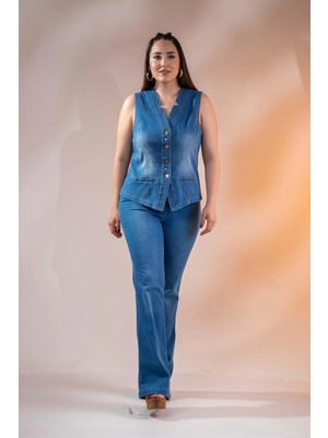 Roxxlen 112063 Kadın Büyük Beden Cep Detaylı Denim Yelek Mavi