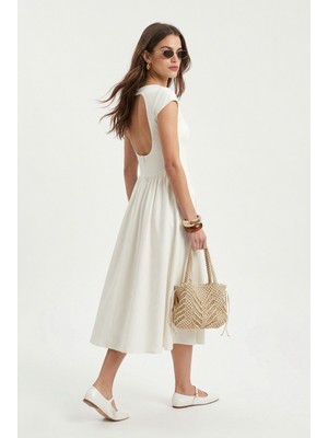 Ritnice Kadın Verano Astarlı Sırt Dekolteli Kayık Yaka Midi Dokuma Ekru Elbise