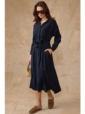 Olcay Beli Büzgülü Düğme Kapamalı Modal Elbise Lacivert 9452-E