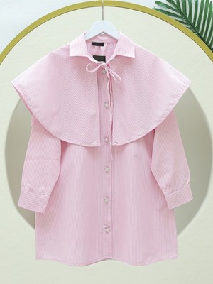 Moda Morfo Pelerinli Çizgili Gömlek -Pembe