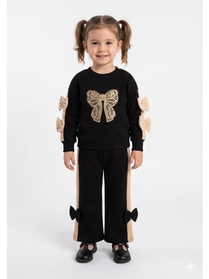 HaanBebe Kız Çocuk Fiyonk Detaylı Taş Işlemeli Alt Üst Takım - Siyah & Bej
