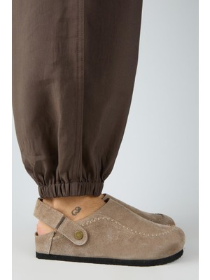 Manijero Yalena Kadın Hakiki Deri Düz Arkadan Bantlı Sabo Vizon Sandalet