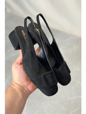 Kadın Monet Kısa Topuklu Ayakkabı - Siyah Süet