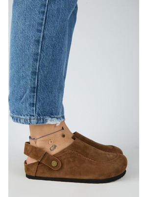 Manijero Yalena Kadın Hakiki Deri Düz Arkadan Bantlı Sabo Taba Sandalet