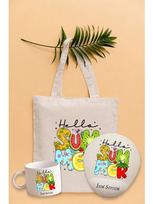 Texkid Kişiye Özel Hello Summer Yazı Tasarımlı Bez Çanta Mousepad ve Mug Kupa Set