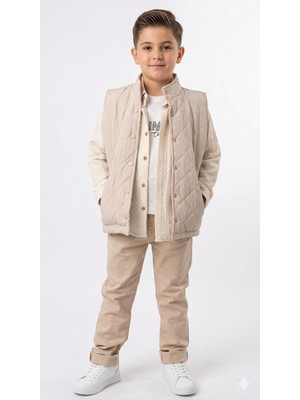 HaanBebe Erkek Çocuk 4'lü Kombin Set - Kapitone Yelekli, Gömlekli, Tişörtlü Pantolon Takım - Bej