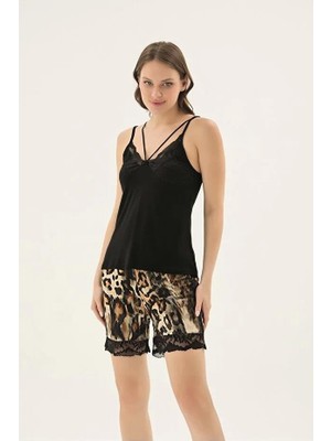 Sevim 17688 Siyah Leopar Ip Askılı Şort Takım