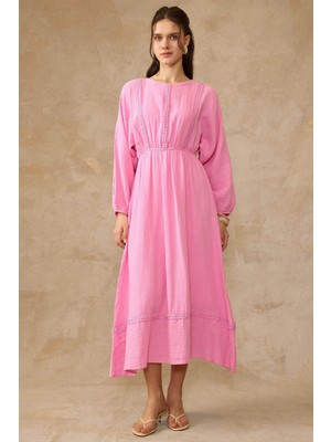 Olcay Şerit Detaylı Beli Lastikli Müslin Elbise Pembe 9453-E