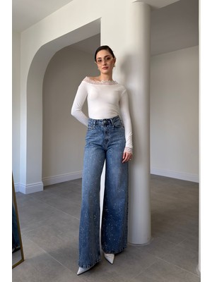 Magarde Wide Leg Önü Taşlı Jean- Mavi