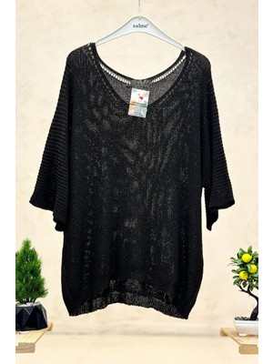 Sahnemoda V Yaka Selanik Örgü Merserize Salaş Oversize Bluz