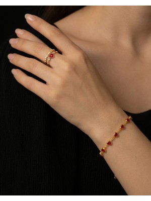 Alsem 14 Ayar Altın Kaplama Kırmızı Kalpli Yüzük ve Bileklik Seti , Sevgiliye Hediye Seti