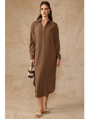 Olcay Düğme Kapamalı Salaş Keten Elbise Kahve 9456-E