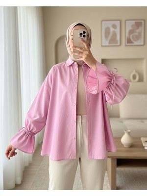 Moda Morfo Kolu Büzgülü Arkası Piliseli Gömlek -Pembe