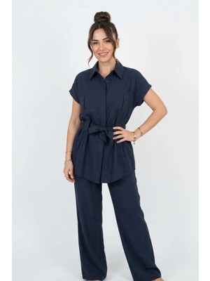 Bn Butik Lacivert Belden Bağlamalı Kısa Kollu Kadın Gömlek Pantolon Takım