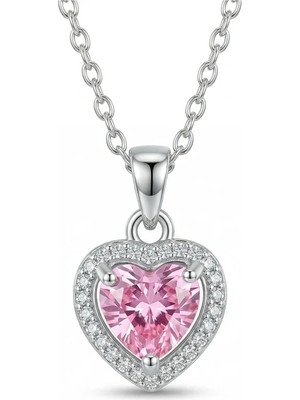 Zeino Pembe Zirkon Taşlı Kalp Kolye Ucu - Beyaz Altın Kaplama - 11x12 mm (45 cm Çelik Zincir Hediyeli)