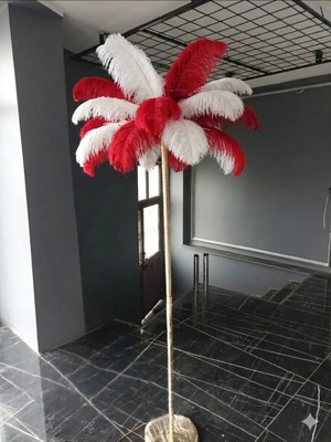 Avize Pazarı Kırmızı Beyaz Deve Kuşu Tüyü Lambader Orijinal Tüylü Lambader