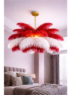 Avize Pazarı Kırmızı Beyaz Deve Kuşu Tüyü Sarkıt Avize Orijinal Tüylü Avize