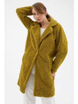 Segnante Kadın Yağ Yeşili Tek Düğmeli Çift Cepli Astarlı Buklet Kaban