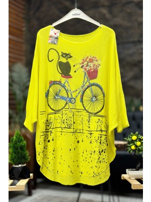 Sahnemoda Kedi ve Bisiklet Baskı Yarasa Merserize Bluz