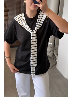 Magarde Premium Çizgili  Bağlama Detaylı Siyah-Beyaz Tişört- Siyah