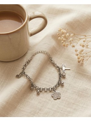 Mervan Takı Yusufçuk ve Çiçek Figürlü Çelik Bileklik