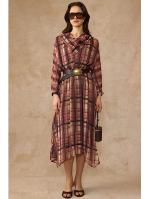 Olcay Kemer Akseurlı Degaje Yaka Ekose Desenli Şifon Elbise Kahve 9454-E