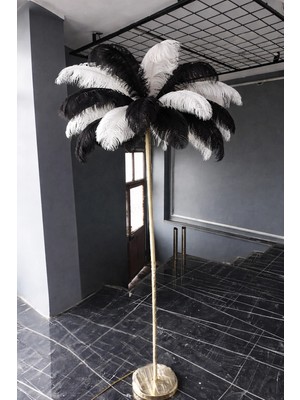 Avize Pazarı Siyah Beyaz Deve Kuşu Tüyü Lambader Orijinal Tüylü Lambader