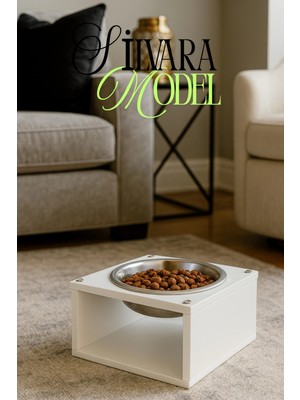 Reyo Ok-Ay Store Silvara Modern Ahşap Kedi ve Köpek Mama Standı Paslanmaz Çelik Kaseli Mama ve Su Kabı Beyaz
