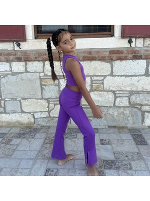 Whynot Kız Çocuk Mor Spor Takım Crop Top ve Ispanyol Paça Tayt Yazlık Rahat Şık Kombin
