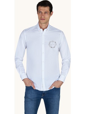 Paul & Shark Erkek Logo Işlemeli Pamuklu Uzun Kollu Beyaz Gömlek 26413814-010