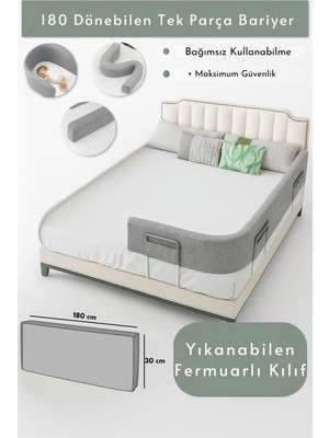 Miralay Yeni Nesil Yatak Bariyeri 180 cm Gri Katlanabilir ve Yıkanabilir Fermuarlı Kılıf ile Güvenlik