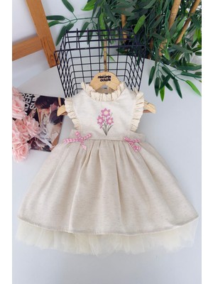 Miniğimin Cicileri Papatya Nakışlı Fiyonk Detaylı Tül Katmanlı Kız Çocuk Elbise - Bej