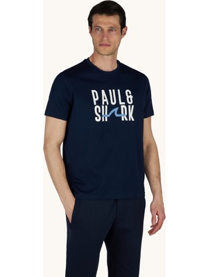 Paul & Shark Erkek Normal Kalıp Yuvarlak Yakalı Logo Baskılı Kısa Kollu Lacivert T-Shirt 26411070-013