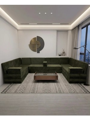 Bakırözü Home Premium Kadife Kumaş, Konforlu Yer Kanepesi ,modüler Şark Köşesi Takımı - Yeşil - 40 cm - U Set
