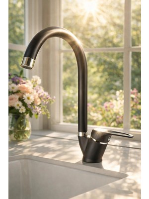 Elmina Armatür Çift Su Girişli Siyah Mutfak Bataryası Yüksek Borulu 360° Döner Lüks Musluk
