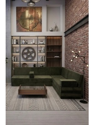 Bakırözü Home Premium Kadife Kumaş, Konforlu Yer Kanepesi ,modüler Şark Köşesi Takımı - Yeşil - 40 Cm- L Set