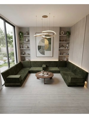 Bakırözü Home Premium Kadife Kumaş, Konforlu Yer Kanepesi ,modüler Şark Köşesi Takımı - Yeşil- U Set