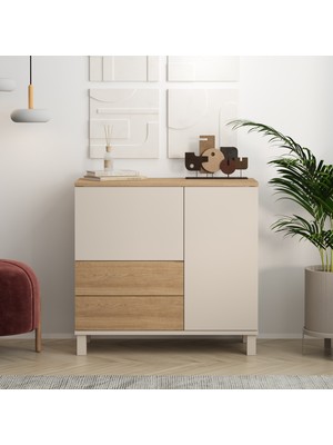 Robin Home Urban Çok Amaçlı Dolap Ahşap Ayaklı 2 Kapaklı 2 Çekmeceli Kumsal-Sepet