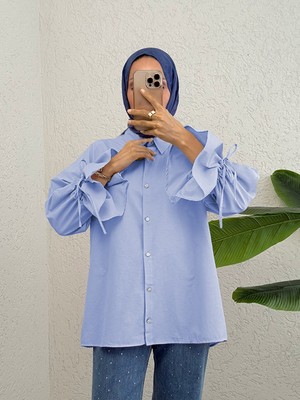 Moda Morfo Kolu Büzgülü Arkası Piliseli Gömlek -Bebe Mavi