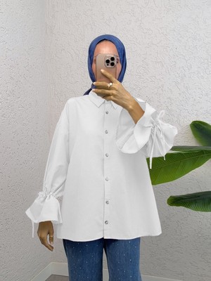 Moda Morfo Kolu Büzgülü Arkası Piliseli Gömlek -Beyaz