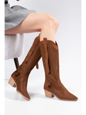 Suins Shoes Kadın Delikli Western Yazlık Çizme Taba Süet Deri 5,5 cm Topuklu Şık Tasarım