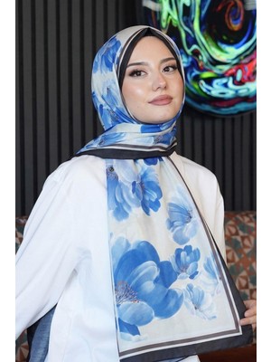 Afvente Şakayık Desen Mavi Soft Pamuk Şal