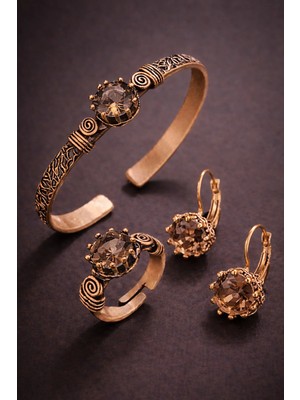 İyyaKe Kadın Bakır Bileklik Yüzük Küpe Seti Doğal Zultanit Taşı Yuvarlak Model Bakır Set