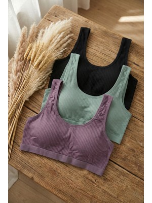 Underwear Bodyway 3'lü Set Büyük Beden Pedli Ribana Fitilli Büstiyer Kalın Askılı Battal Boy Yarım Atlet Sütyen