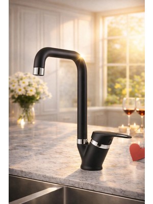 Elmina Armatür Mat Siyah Mutfak Bataryası Çift Su Girişli 360° Döner L Tipi Modern Musluk