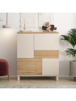 Robin Home Urban Çok Amaçlı Dolap Ahşap Ayaklı 4 Kapaklı Çekmeceli Kumsal-Sepet