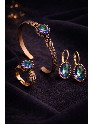 İyyaKe Kadın Bakır Bileklik Yüzük Küpe Takım Seti Doğal Mistik Topaz Taşlı Saf Bakır Set