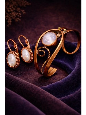 İyyaKe Kadın Bakır Bileklik ve Küpe Takım Set Doğal Beyaz Taşlı Saf Bakır Set