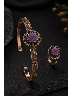 İyyaKe Kadın Bakır Bileklik Yüzük Set Doğal Mor Ametist Taşlı Otantik Model Set